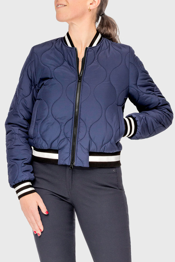Navy Quilted Sporty Trim Full Zip Bomber Jacket