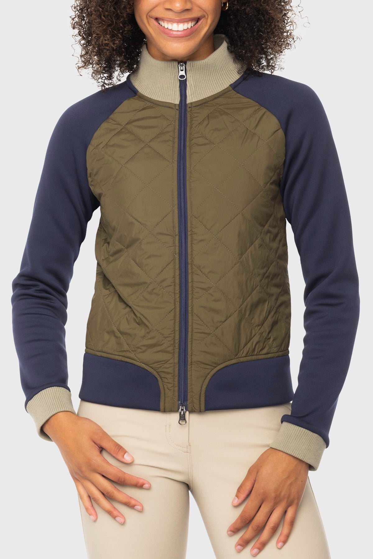 Olive, Navy, & Sage Color Block Jacket w/Quilted Front, Knit Collar & Cuffs, Navy Zipper Kastel Denmark US
