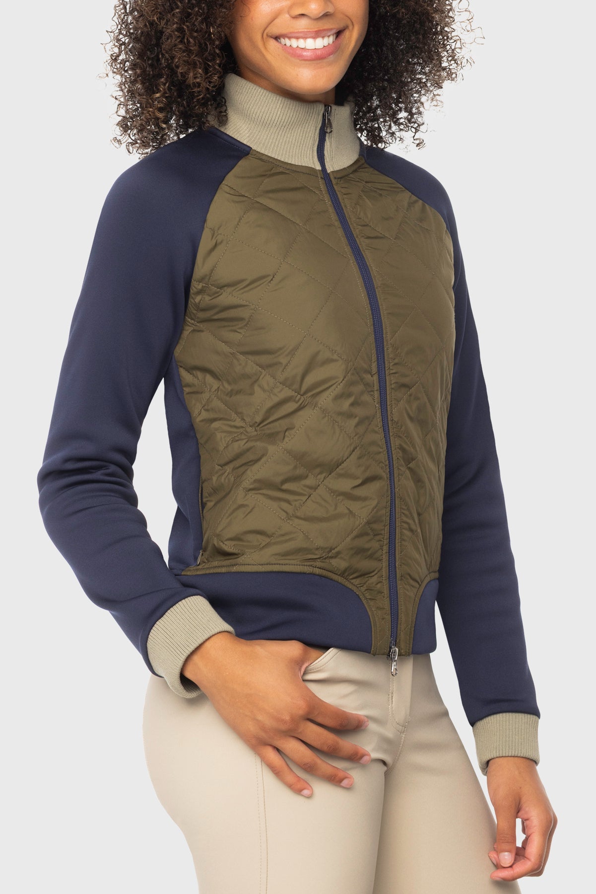 Olive, Navy, & Sage Color Block Jacket w/Quilted Front, Knit Collar & Cuffs, Navy Zipper Kastel Denmark US