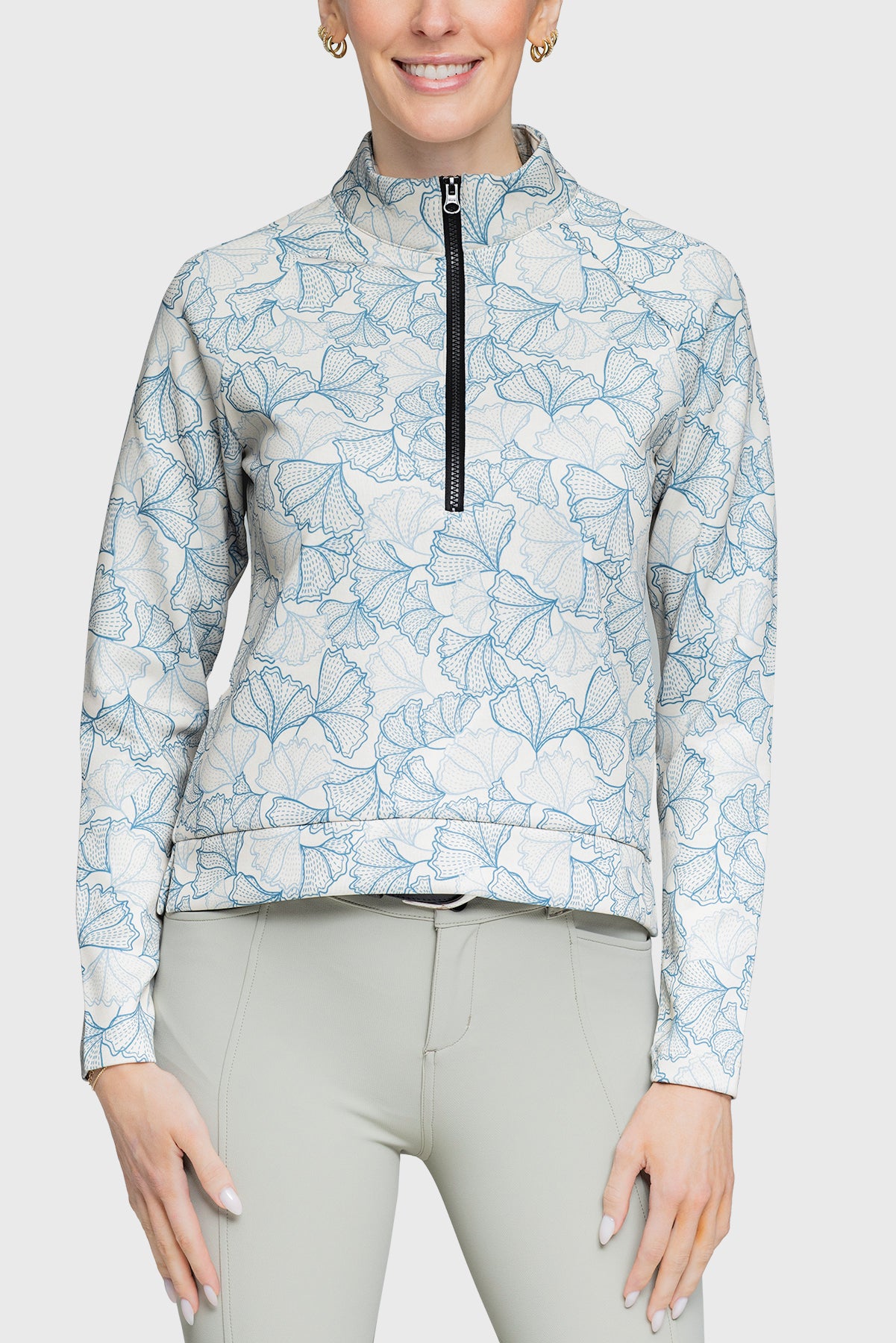 Chambray Blue Poppies Â½ Zip Scuba Pullover - [Kastel]
