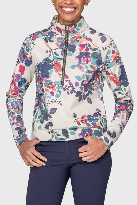 Amethyst Watercolor Floral Scuba 1/2 Zip Pullover Kastel Denmark
