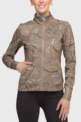 Long Sleeve Full Zip Taupe Belt Print Scuba Jacket