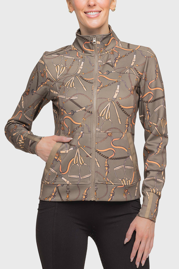 Long Sleeve Full Zip Taupe Belt Print Scuba Jacket - [Kastel]