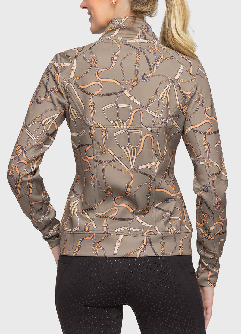 Long Sleeve Full Zip Taupe Belt Print Scuba Jacket