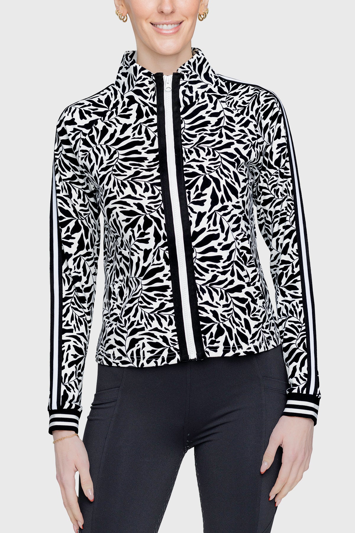 Black & White Climbing Vine Full Zip Track Jacket w/Striped Trim - [Kastel]