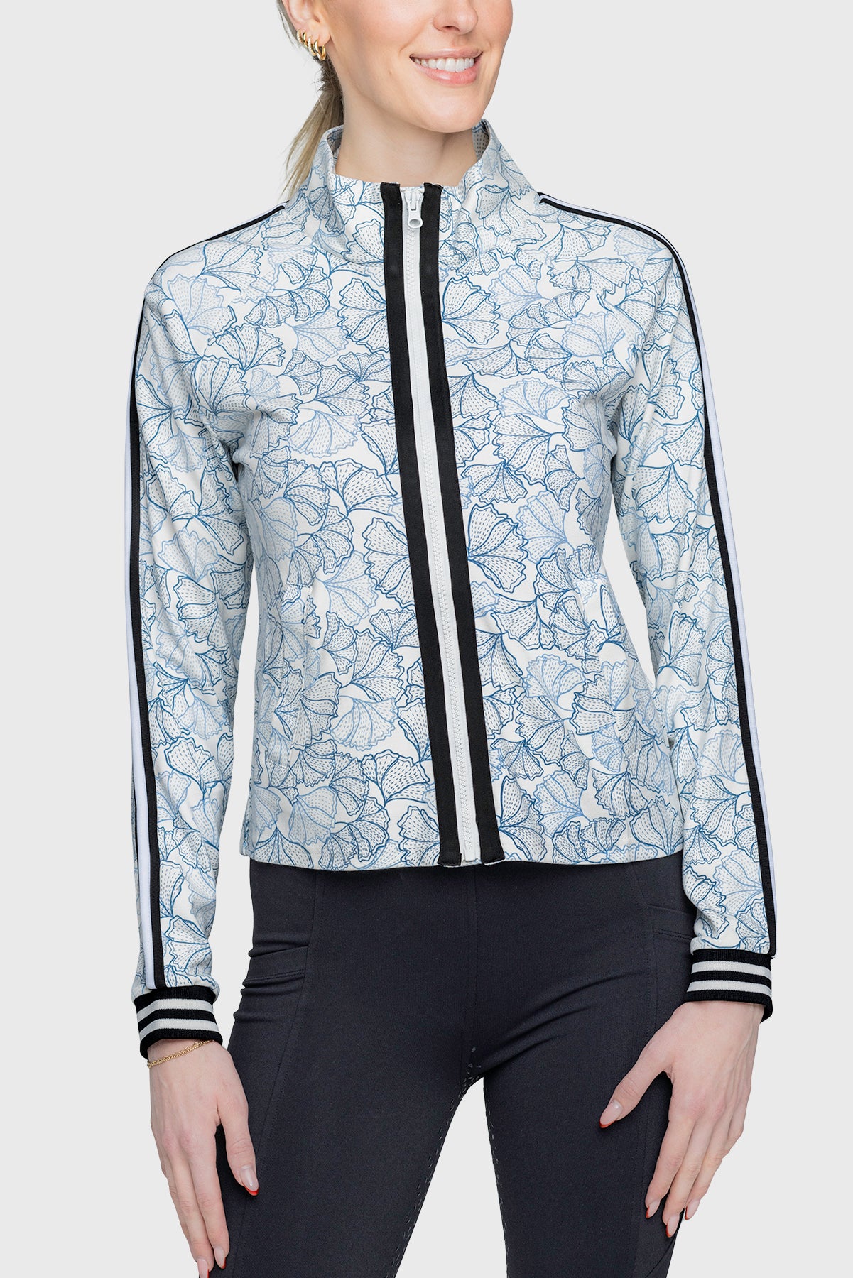 Chambray Blue Poppies Full Zip Track Jacket w/Striped Trim - [Kastel]