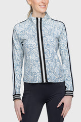 Chambray Blue Poppies Full Zip Track Jacket w/Striped Trim - [Kastel]