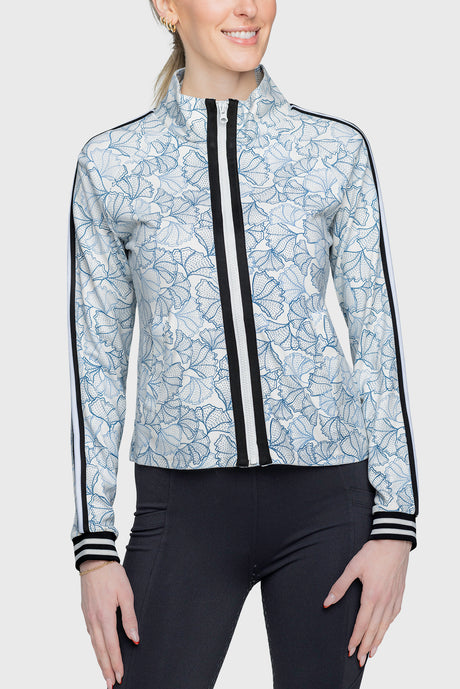 Chambray Blue Poppies Full Zip Track Jacket w/Striped Trim - [Kastel]