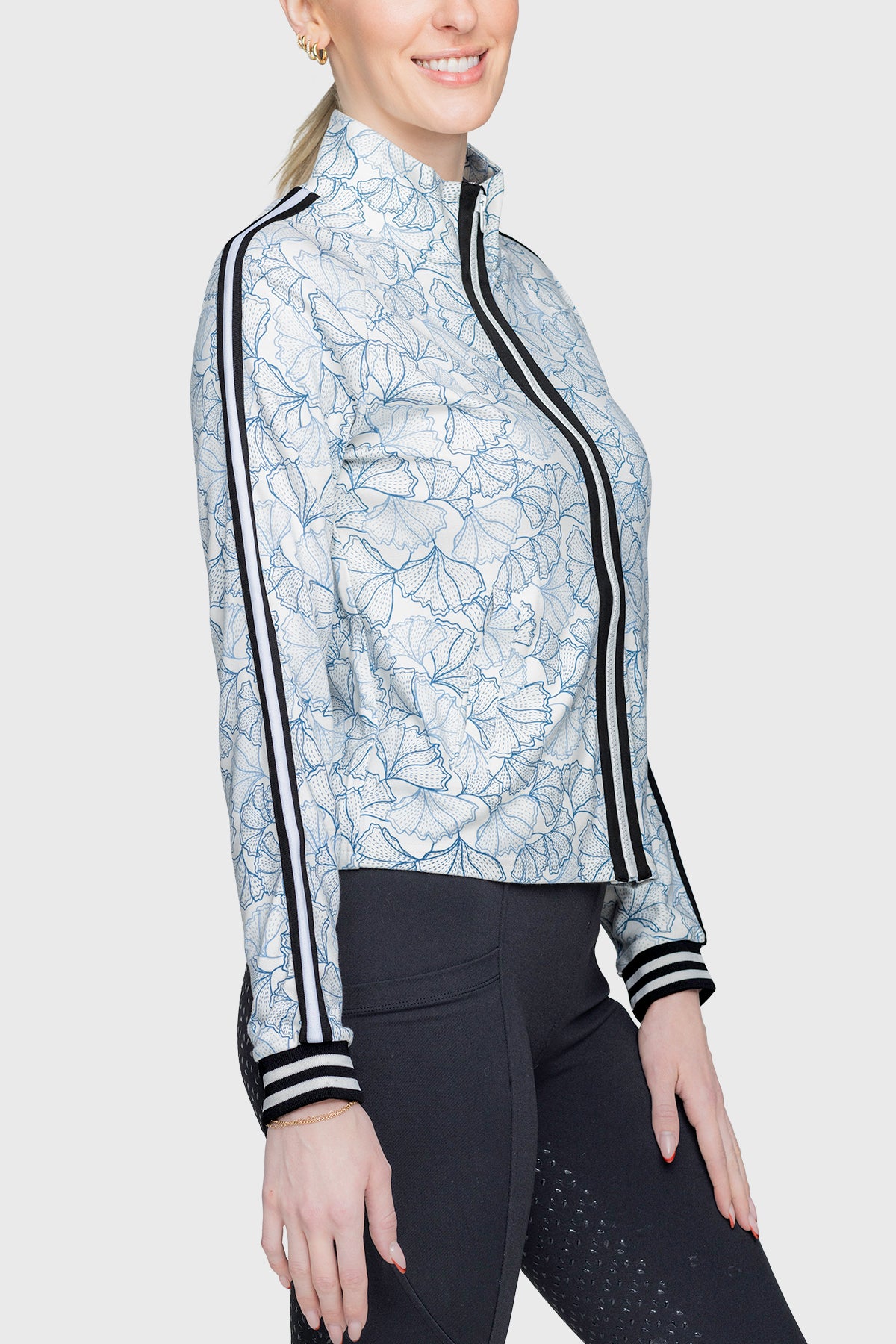 Chambray Blue Poppies Full Zip Track Jacket w/Striped Trim - [Kastel]