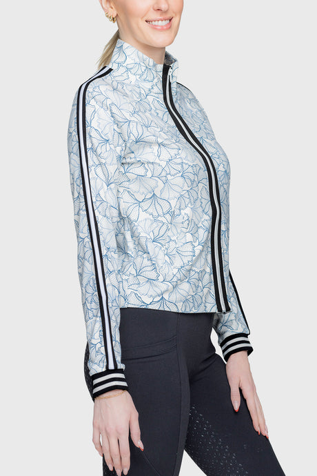 Chambray Blue Poppies Full Zip Track Jacket w/Striped Trim - [Kastel]