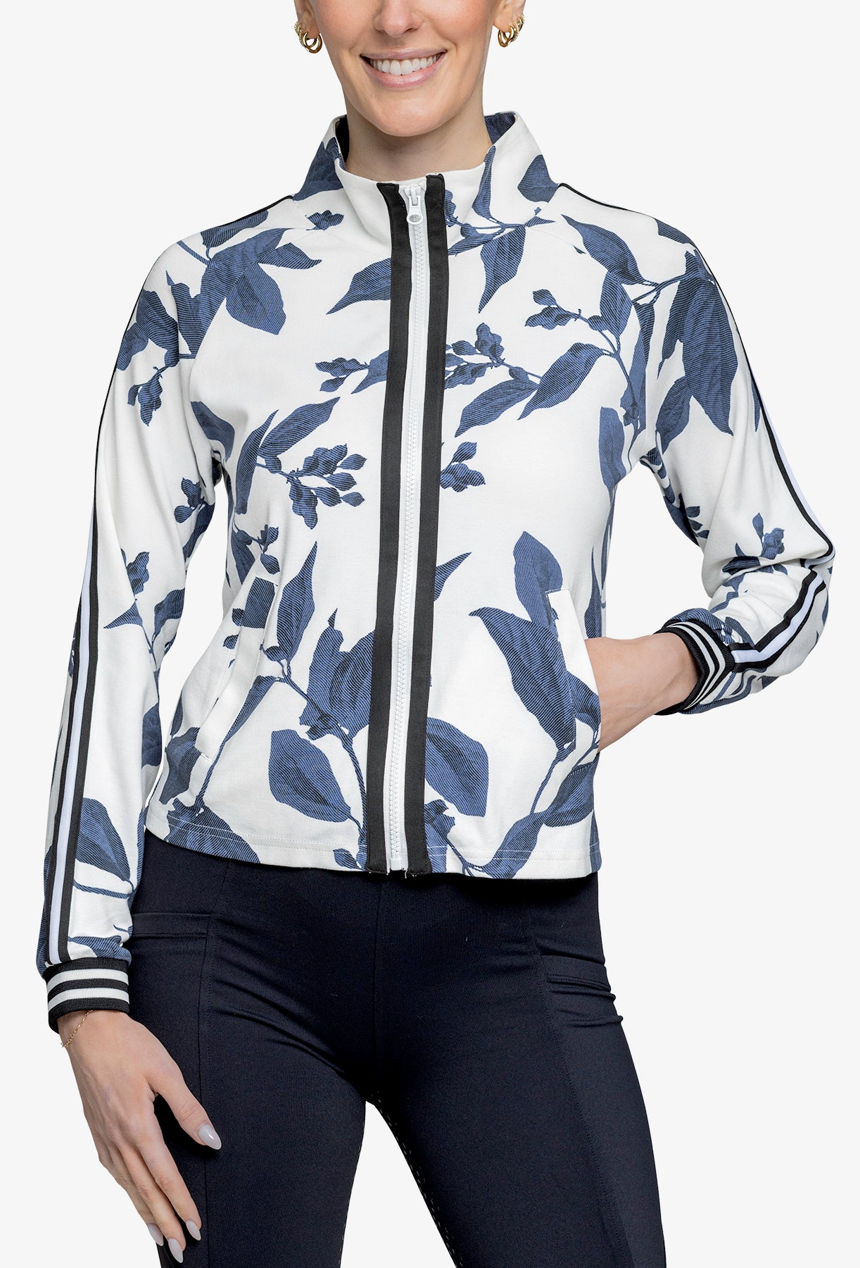Indigo Lithograph Leaf Full Zip Track Jacket w/Striped Trim - [Kastel]