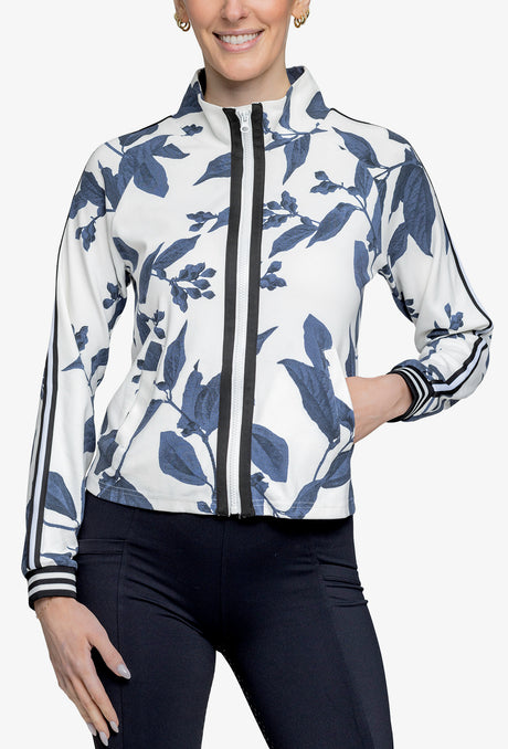 Indigo Lithograph Leaf Full Zip Track Jacket w/Striped Trim - [Kastel]