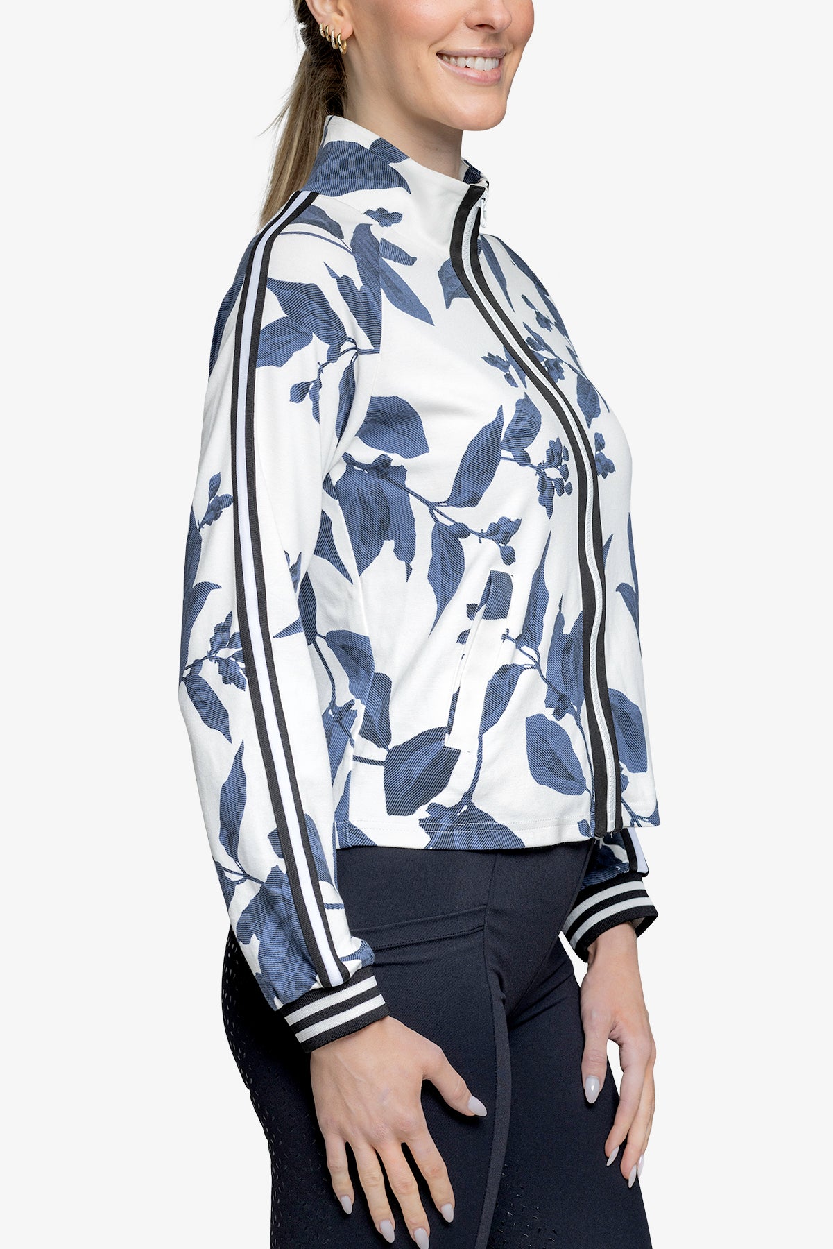 Indigo Lithograph Leaf Full Zip Track Jacket w/Striped Trim - [Kastel]