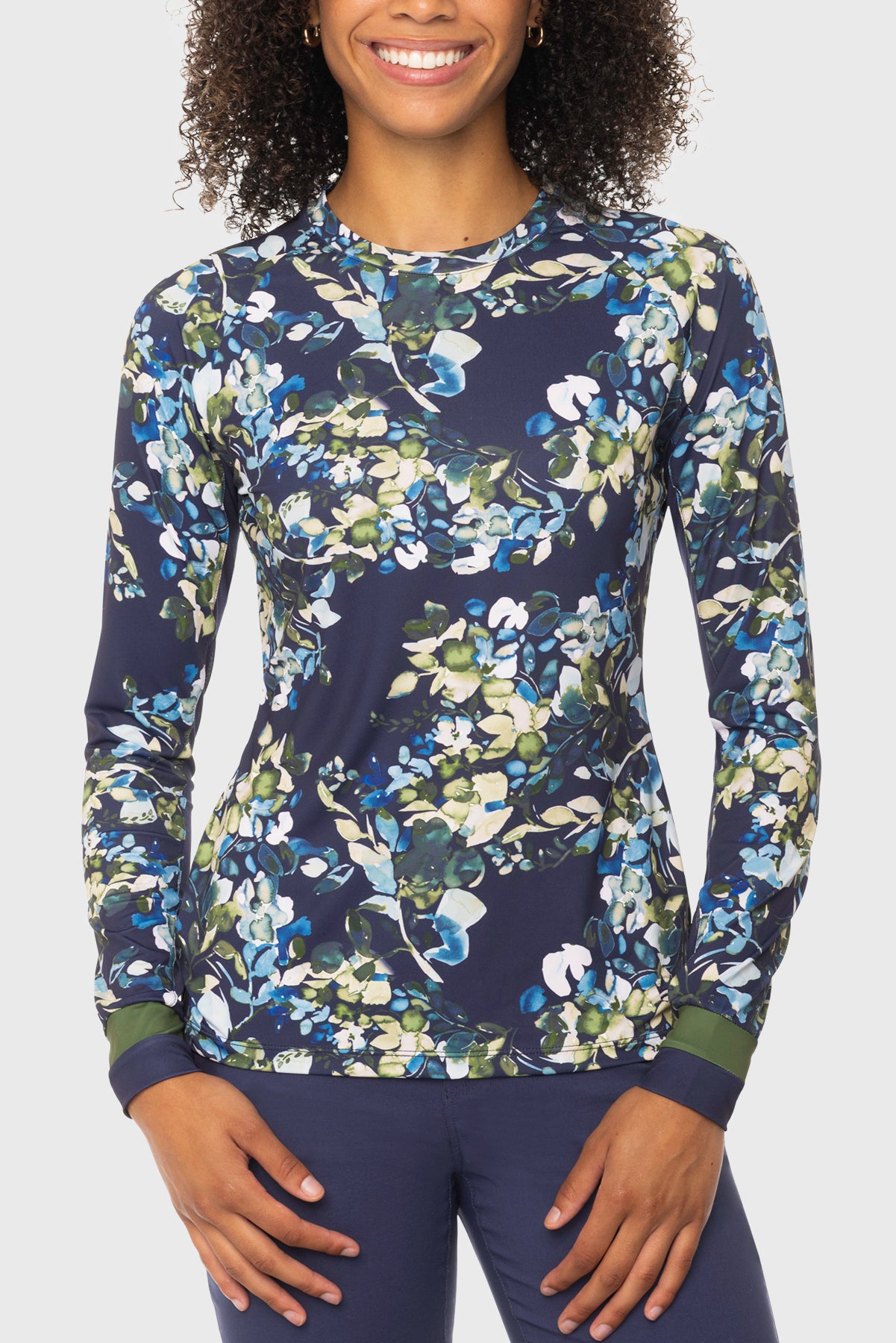 Navy Watercolor Floral w/ Striped Cuffs Long Sleeve Crewneck Sun Shirt Kastel Denmark US