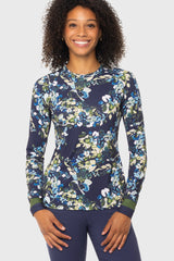 Navy Watercolor Floral w/ Striped Cuffs Long Sleeve Crewneck Sun Shirt Kastel Denmark US