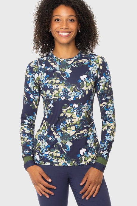 Navy Watercolor Floral w/ Striped Cuffs Long Sleeve Crewneck Sun Shirt Kastel Denmark US