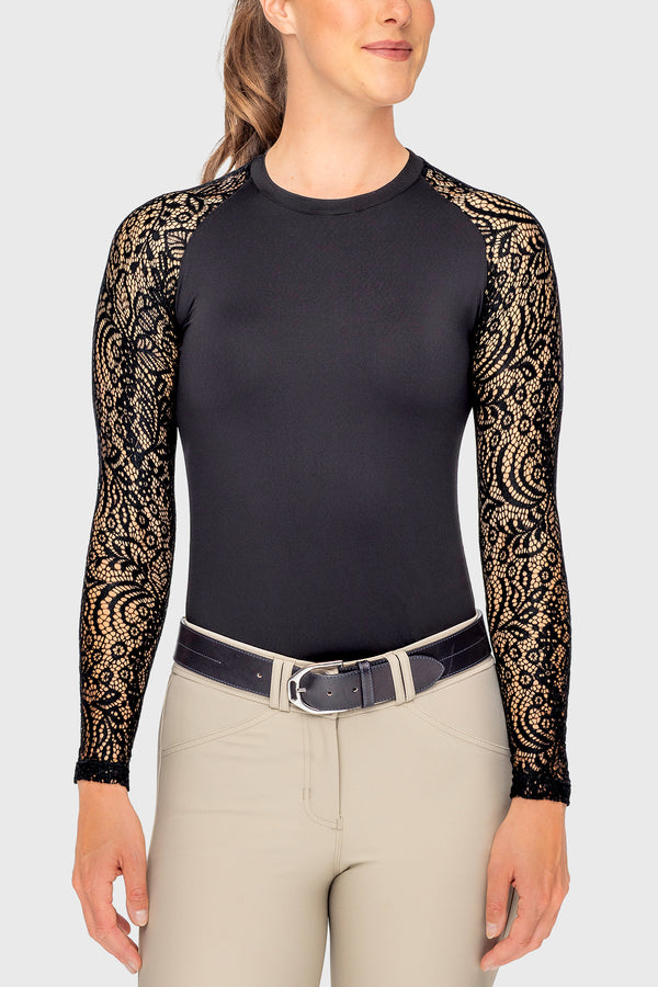 Black Floral Lace Long Sleeve Raglan Crewneck Sun Shirt