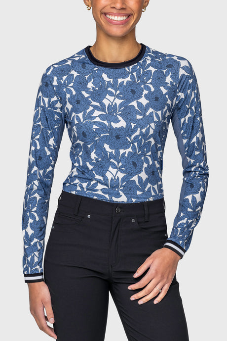 Pacific Blue Wild Rose W/ Striped Cuff Long Sleeve Crewneck Kastel Denmark