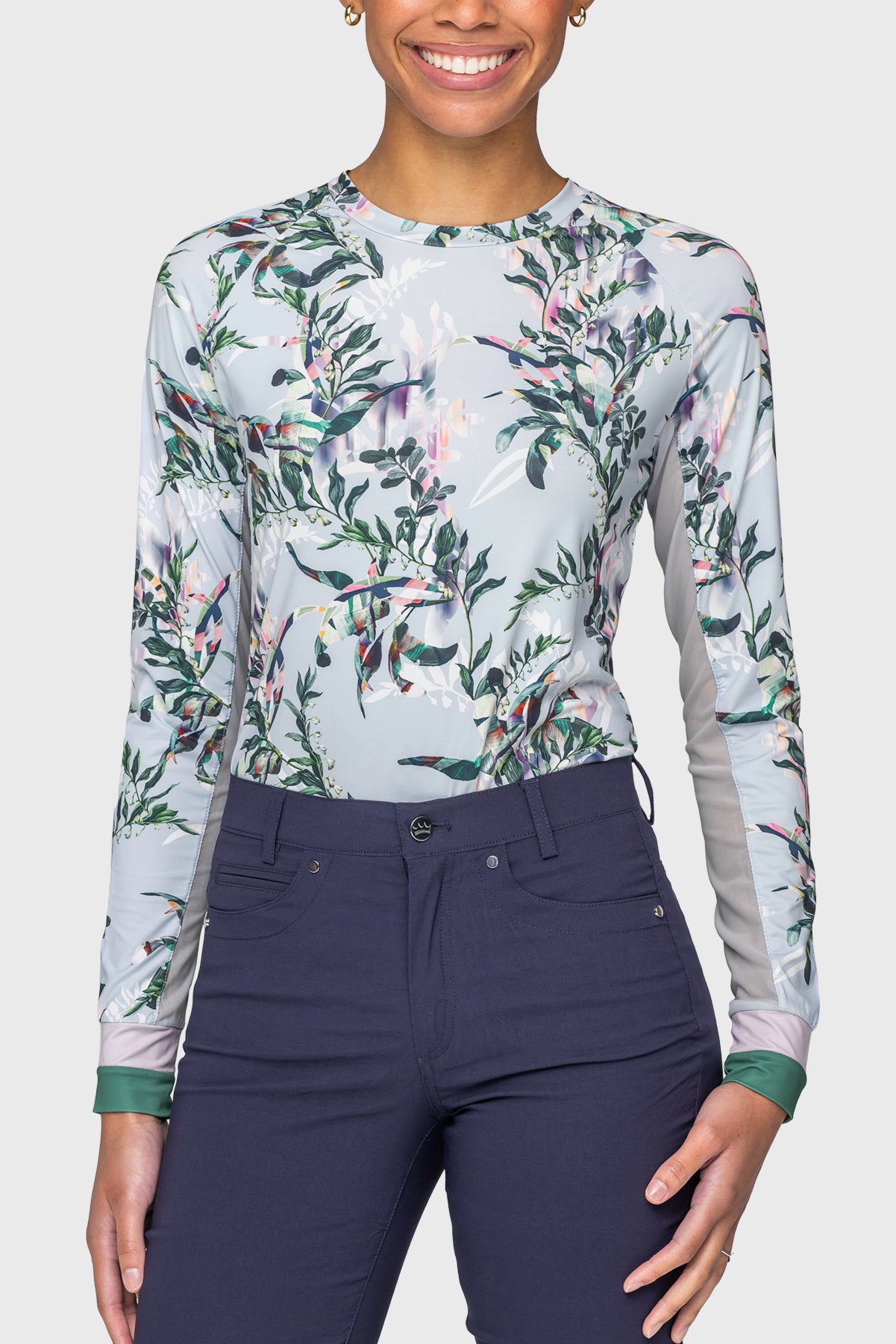 Powder Blue Botanical W/ Striped Cuff Long Sleeve Crewneck Kastel Denmark