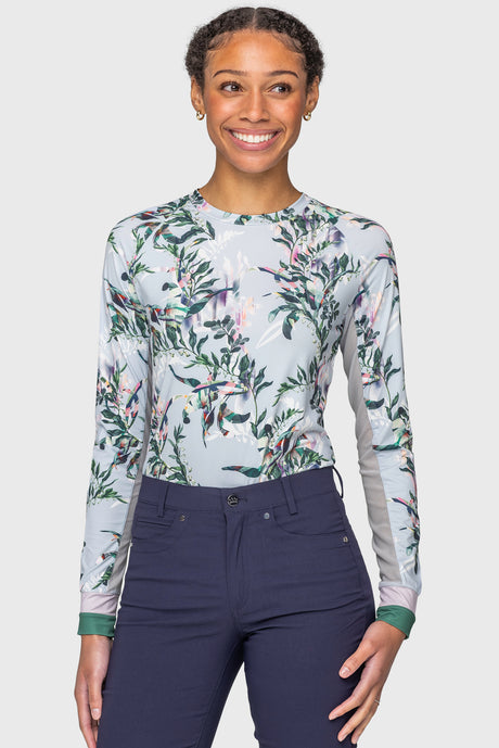Powder Blue Botanical w/ Striped Cuffs Long Sleeve Crewneck Sun Shirt Kastel Denmark