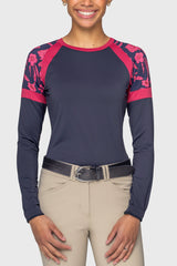 Navy w/Hot Pink French Tulips & Wine Panels Long Sleeve Crewneck Kastel Denmark