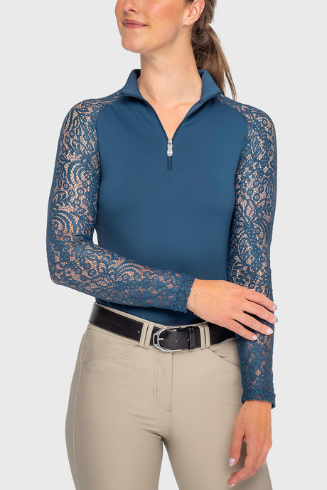 Sailor Blue Floral Lace Raglan Long Sleeve 1/4 Zip Shirt - [Kastel]