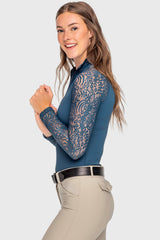 Sailor Blue Floral Lace Raglan Long Sleeve 1/4 Zip Shirt - [Kastel]