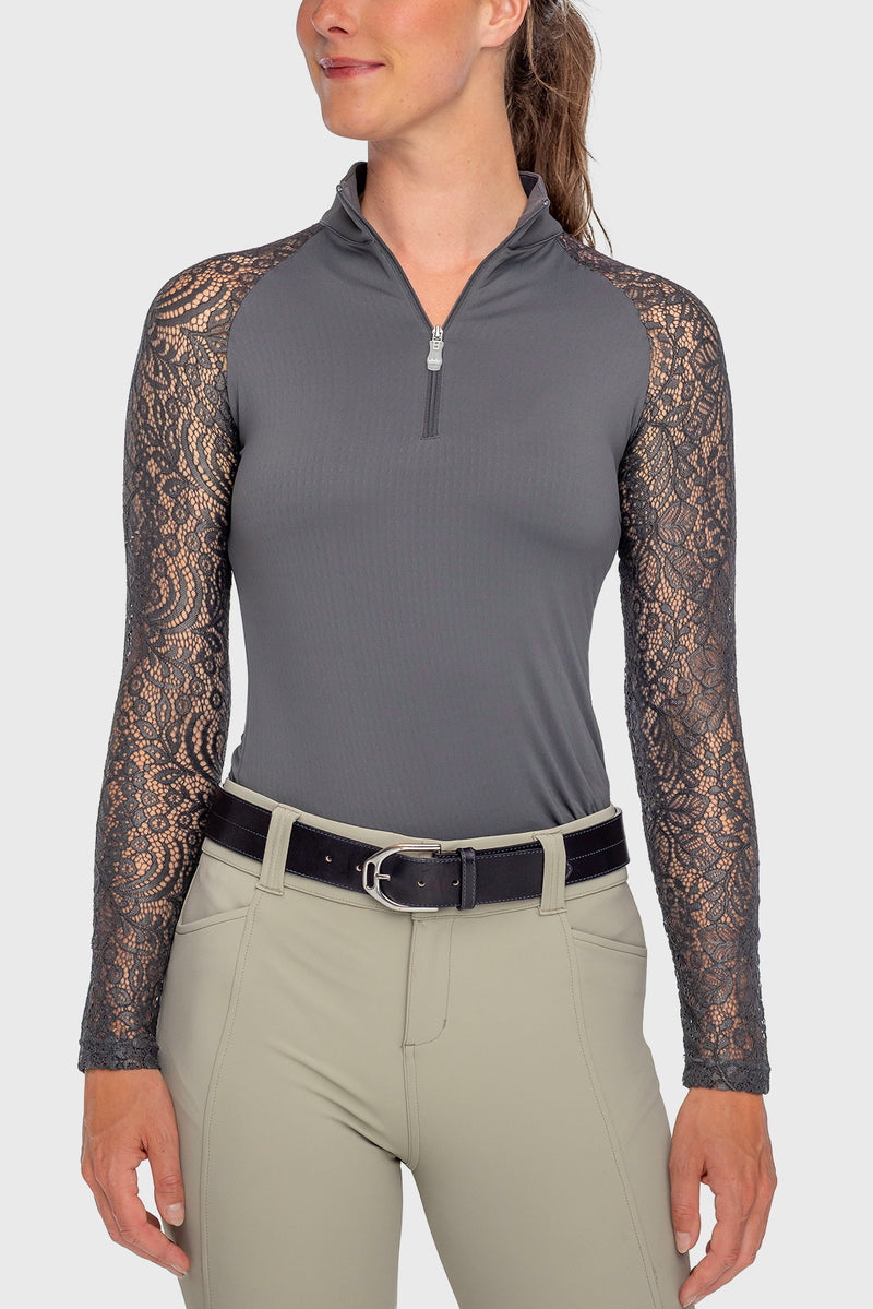 Slate Floral Lace Raglan Long Sleeve 1/4 Zip Shirt - [Kastel]