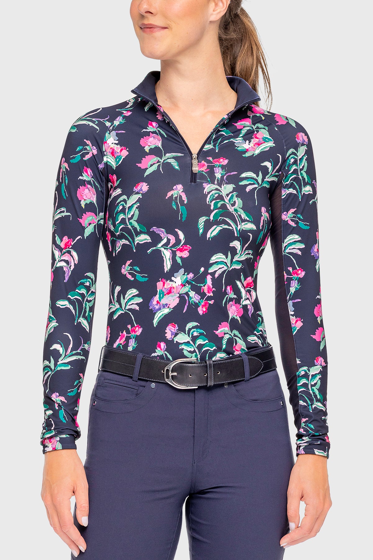Long Sleeve Navy Garden Blooms  1/4 Zip Sun Shirt - [Kastel]