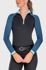 Long Sleeve Sailor Blue and Black Color Block 1/4 Zip Sun Shirt - [Kastel]