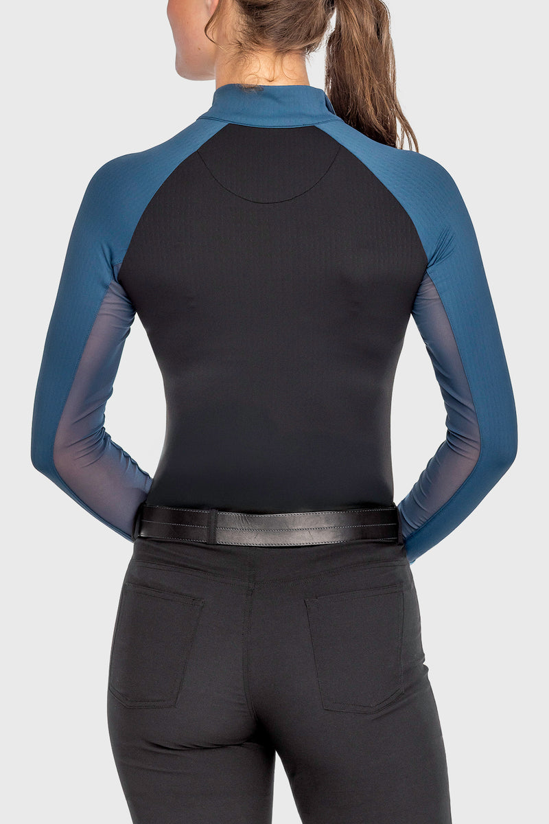 Long Sleeve Sailor Blue and Black Color Block 1/4 Zip Sun Shirt - [Kastel]