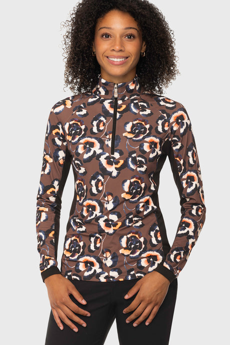 Chocolate Brown Pansies 1/4 Zip Long Sleeve Sun Shirt w/Side Panels Kastel Denmark US
