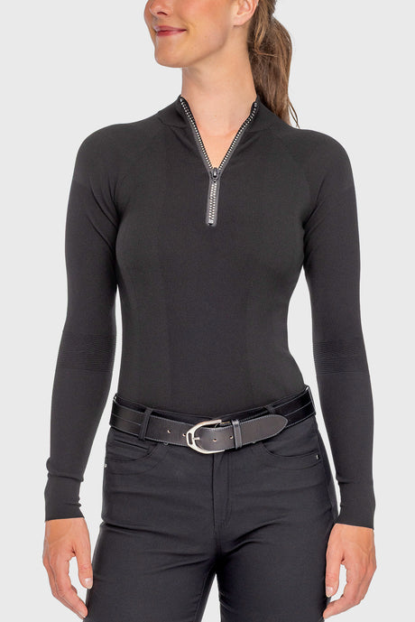 Black Ribbed Knit Crystal Zipper Mock Neck Sweater - [Kastel]