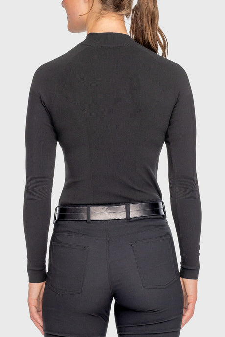 Black Ribbed Knit Crystal Zipper Mock Neck Sweater - [Kastel]