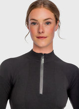 Black Ribbed Knit Crystal Zipper Mock Neck Sweater - [Kastel]