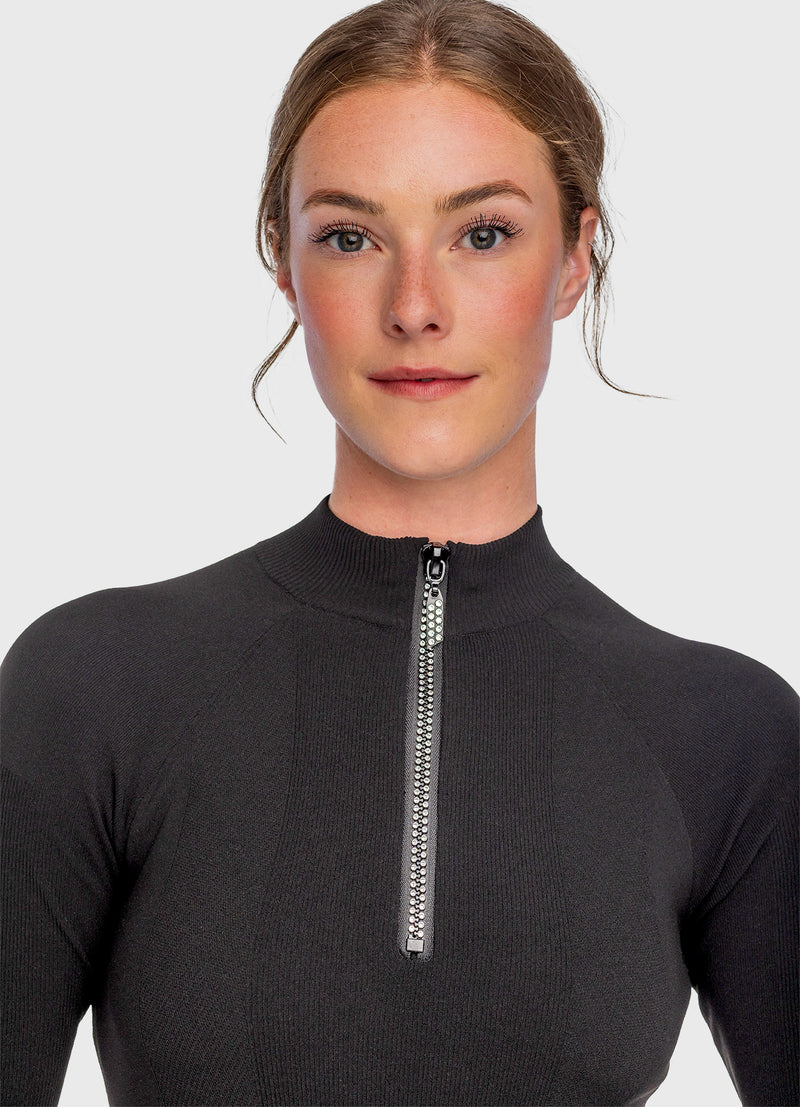 Black Ribbed Knit Crystal Zipper Mock Neck Sweater - [Kastel]