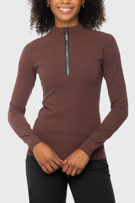 Deep Chocolate Brown Fully Fashioned Knit Sweater w/Crystal Zipper Kastel Denmark US