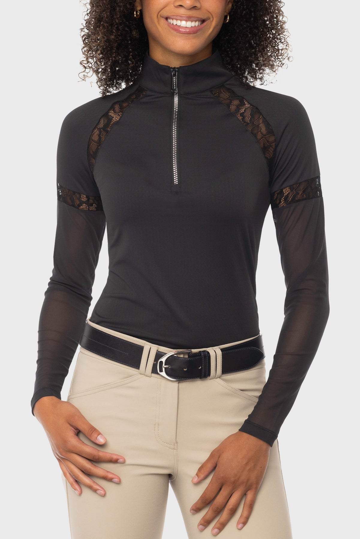 Black 1/4 Zip Long Sleeve Sun Shirt w/ Mesh Sleeves & Lace Insets Kastel Denmark US