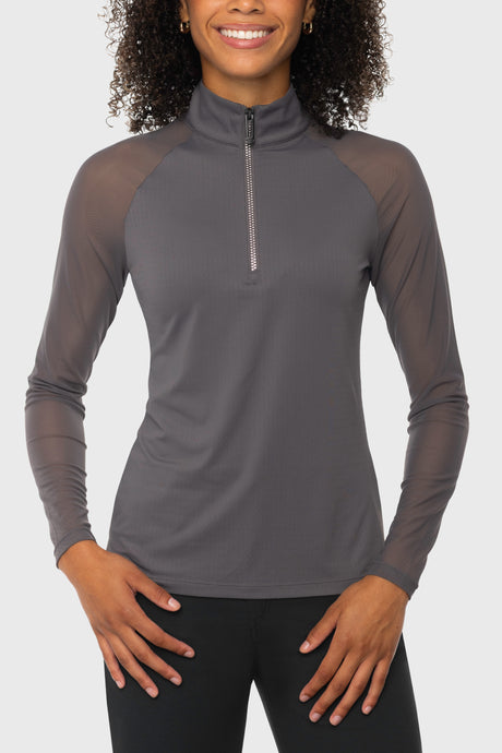 Slate 1/4 Zip Long Sleeve Top w/Mesh Sleeves & Crystal Zipper Kastel Denmark US