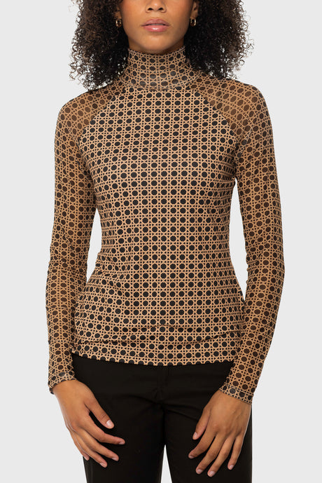 Camel Basketweave Mock Neck Long Sleeve Mesh Raglan Kastel Denmark US