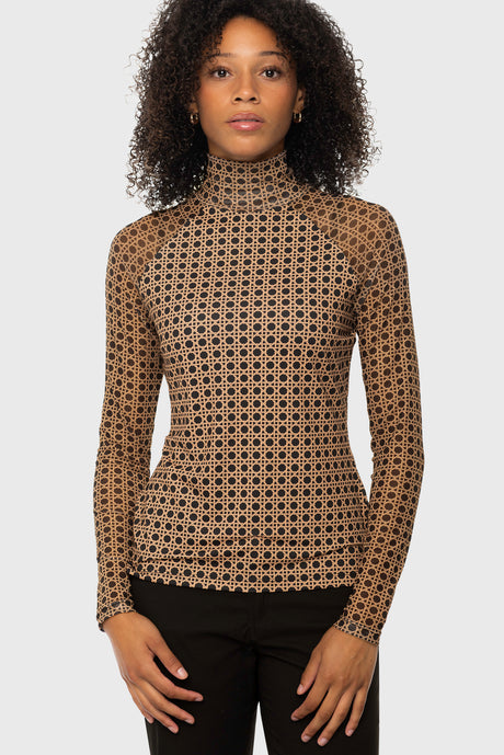 Camel Basketweave Mock Neck Long Sleeve Mesh Raglan Kastel Denmark US