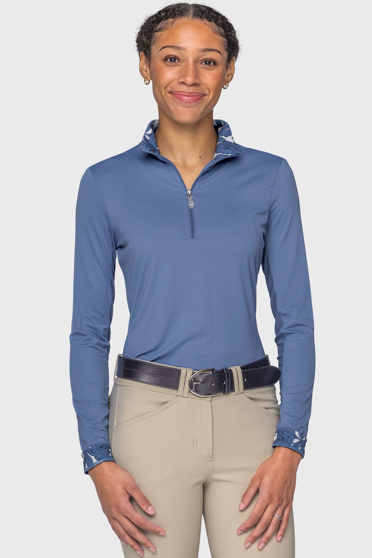 Pacific Blue Solid W/ Pacific Blue Wild Rose Inner Print Long Sleeve 1/4 Zip Sun Shirt Kastel Denmark