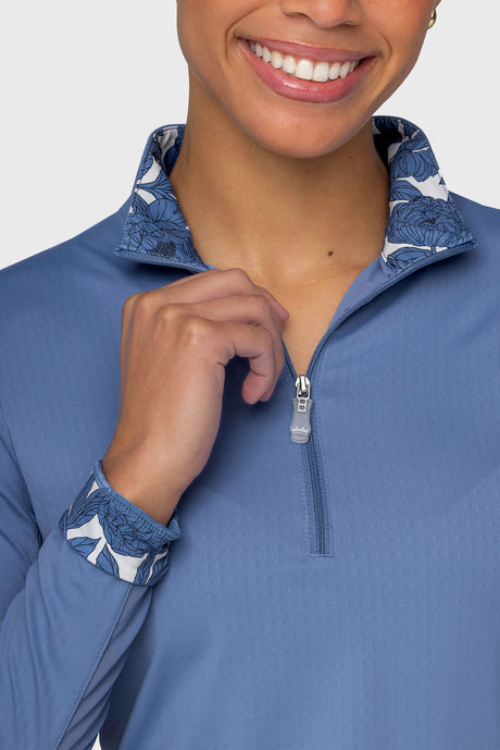 Pacific Blue Solid W/ Pacific Blue Wild Rose Inner Print Long Sleeve 1/4 Zip Sun Shirt Kastel Denmark