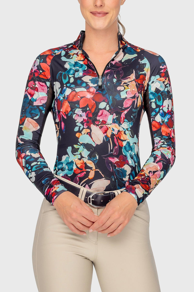 Black Watercolor Floral Long Sleeve 1/4 Zip Sun Shirt Kastel Denmark