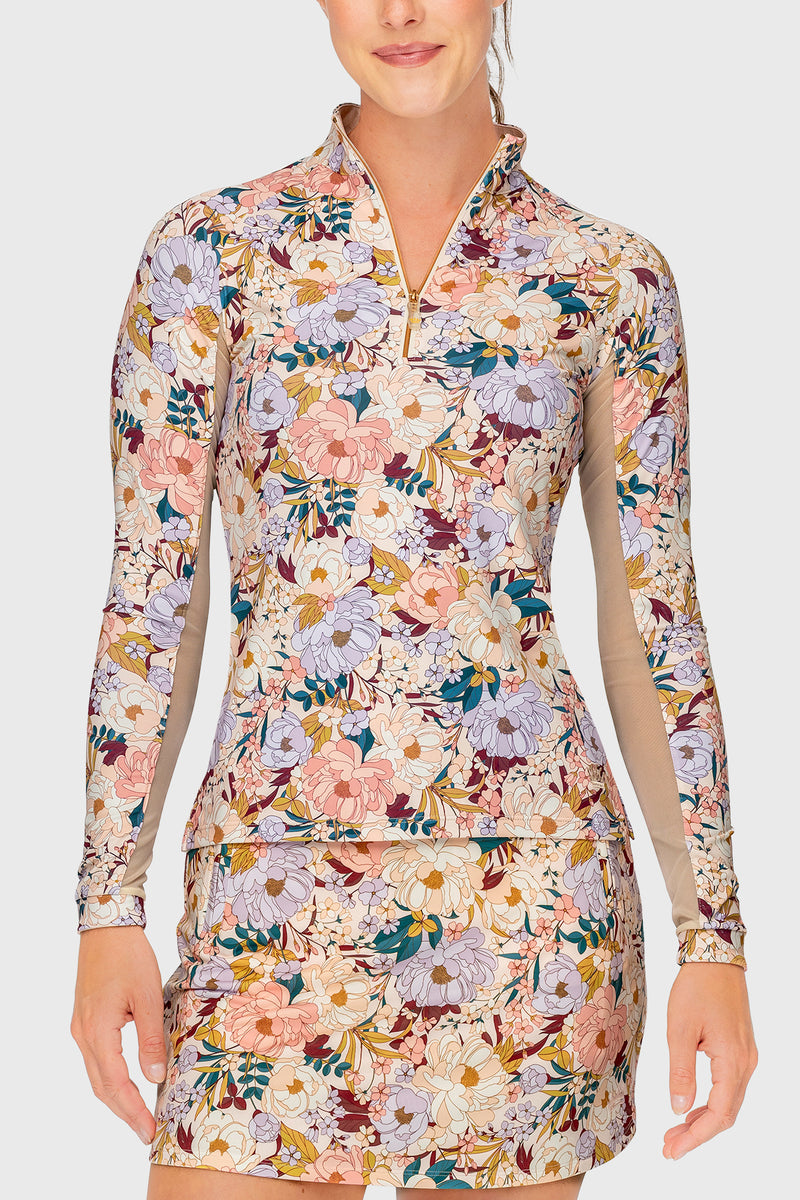 Champagne Blooming Peonies Long Sleeve 1/4 Zip Sun Shirt