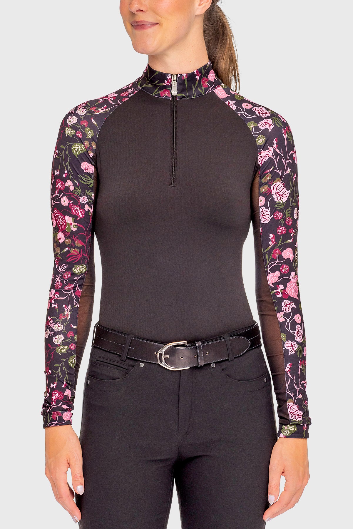 Black Modern Begonia Raglan Long Sleeve 1/4 Zip Sun Shirt - [Kastel]