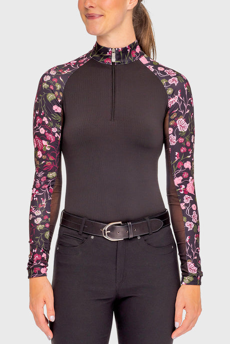 Black Modern Begonia Raglan Long Sleeve 1/4 Zip Sun Shirt - [Kastel]