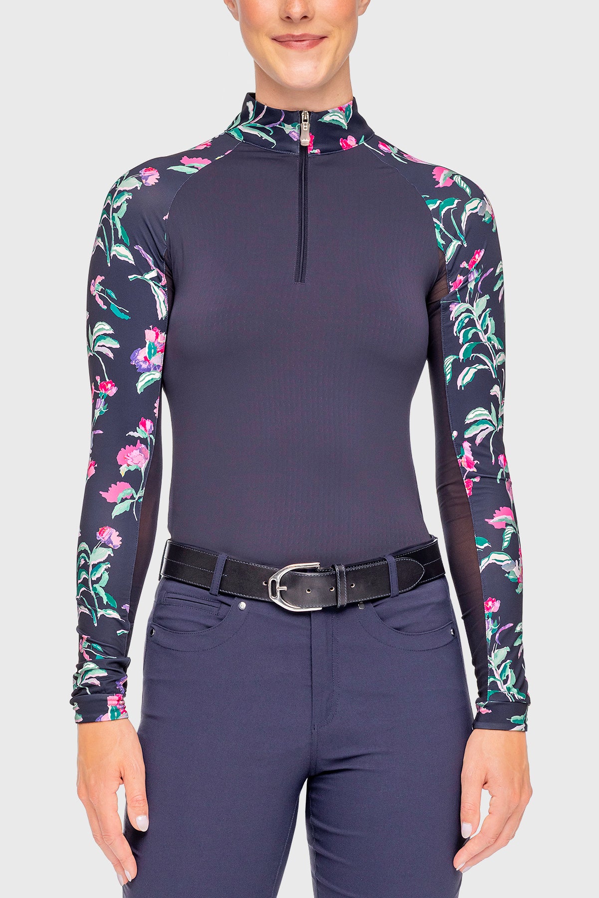 Long Sleeve Navy Garden Blooms Raglan 1/4 Zip Sun Shirt - [Kastel]