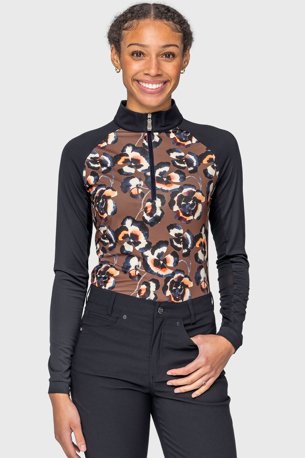 Chocolate Brown Pansies 1/4 Zip Raglan Long Sleeve Sun Shirt Kastel Denmark US