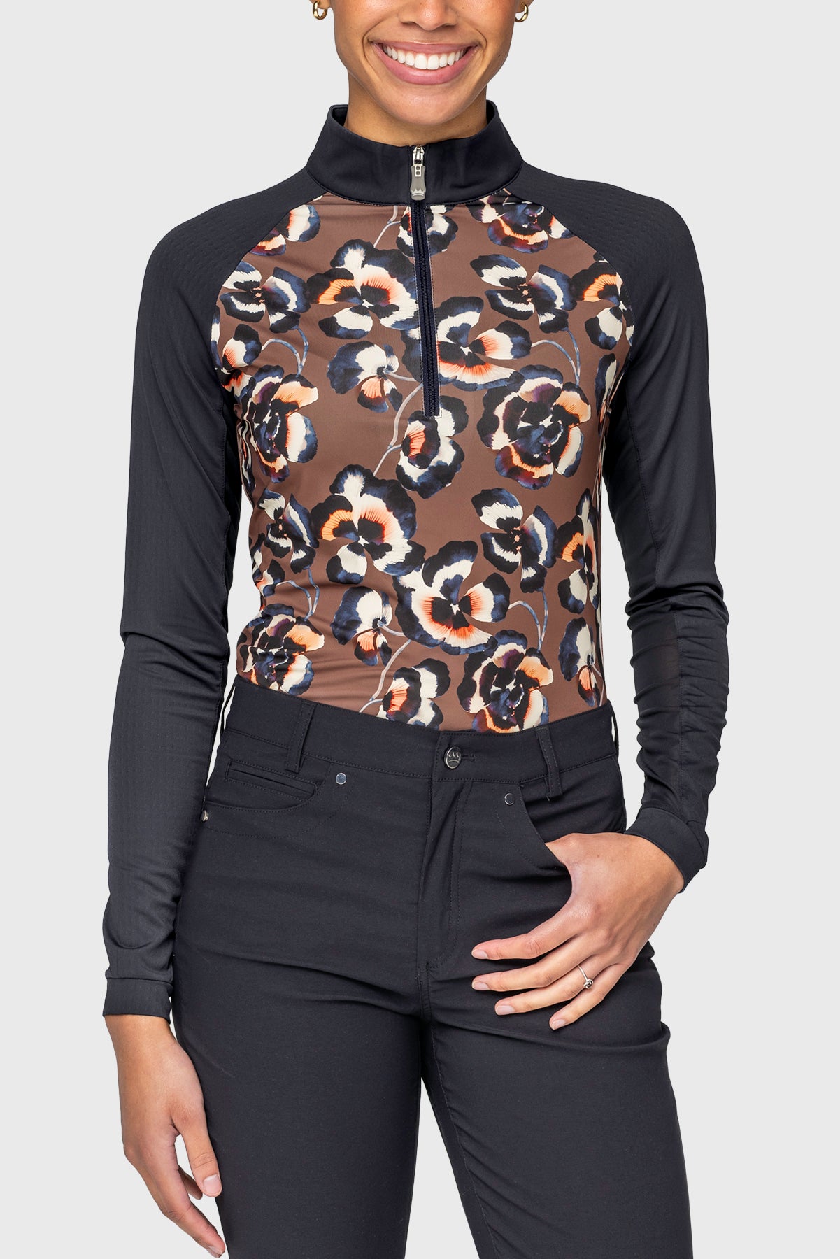 Chocolate Brown Pansies 1/4 Zip Raglan Long Sleeve Sun Shirt Kastel Denmark US